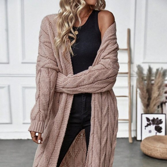 . Sweaters - Camel Casual Womens Cable Knit Drop Shoulder Open Front Cardigan